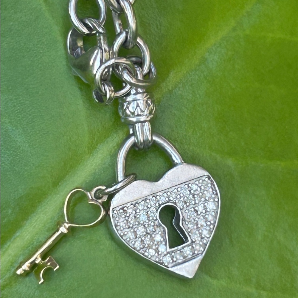 Sterling silver & 14kt Yellow Gold Heart Lock Diamond Key Charm Bracelet.